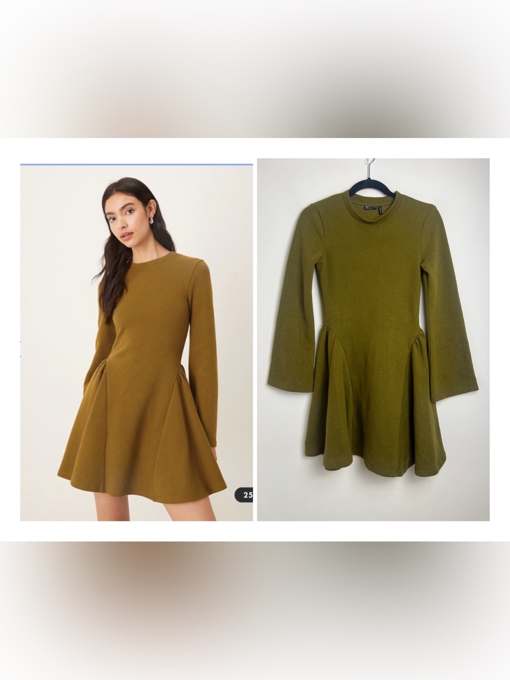 ASOS DESIGN US4 Khaki Green‎ Super Soft Long Sleeve Godet Fit & Flare Mini Dress